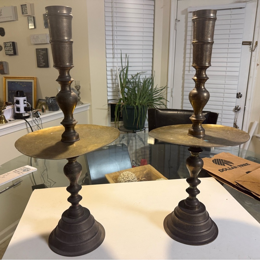 Pair of Vintage Etched Brass Alter Candlestick Holders